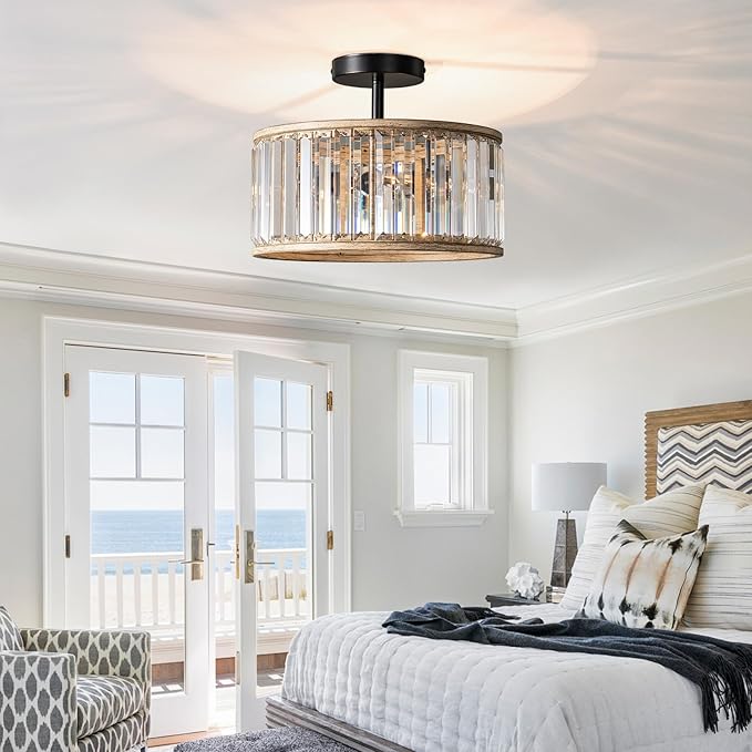Veronie Crystal Ceiling Light Fixture,3 Light Crystal Semi Flush Mount Lighting Fixture,Round Small Hallway Ceiling Light for Entryway, Laundry Room, Kitchen, Bedroom, Foyer, Bathroom