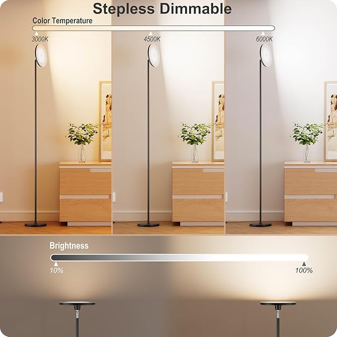Dimmable Floor Lamp with Remote，Floor Lamps for Living Room Bedroom Office，Adjustable Brightness (10%-100%)and Color Temperature (3000k- 6000k )，Standing Lamp Tall Lamp with Foot Switch (black)