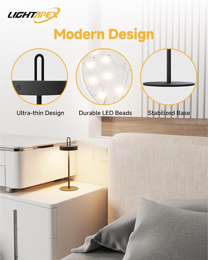 Lightapex 2-Pack Cordless Table Lamps – Portable Rechargeable Bedside Lamps with Stepless Dimming and Touch Control, Modern Nightstand Lamps for Bedroom, Living Room, Patio and Reading（White）