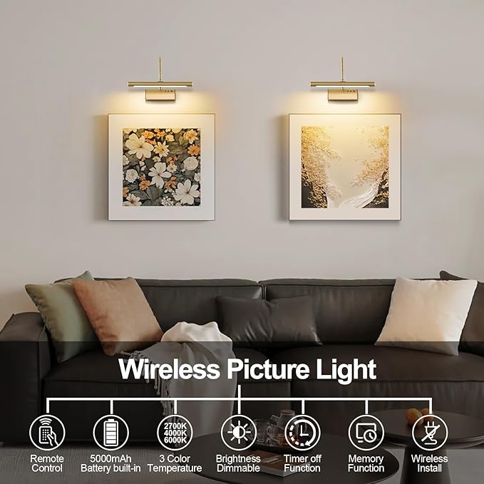 Wireless LED Picture Light, Coredless Art Lighting for Wall, Brass Battery Frame Light with Remote, 3 Color Tone & Dimmable,12 inch Wall Decor Light for Art Display,Hallway,Study Room