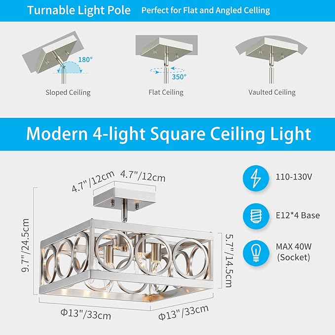 XINGQI Brushed Nickel Ceiling 4-Light 13'' Modern Semi Flush Mount Ceiling Light Fixture Rustic Chandelier Ceiling Lamp for Bedroom Living Dining Room with Square Metal Shade, E12 Bulbs - Aura Lighting