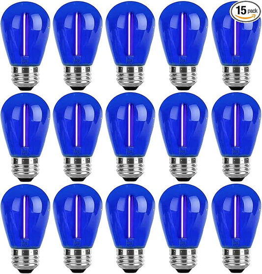 15 Pack S14 LED Bulbs Blue Christmas Replacement Bulb 1W String Light Bulbs Vintage Edison Plastic Decorative Bulb E26 Base Outdoor String Lights LED Filament Bulb for Patio Home Decor(Blue)
