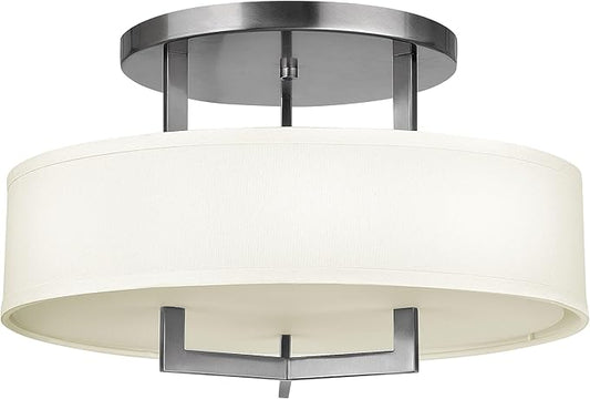 Hinkley Hampton Medium Semi-Flush Mount Light - 3-Light, Drum Style, Off-White Linen Hardback Shade, Acrylic Etched Lens Diffuser - Antique Nickel Finish - Aura Lighting