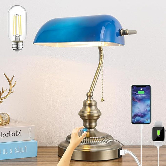 Rustic Banker's Desk Lamp Stepless Dimmable, Traditional Bankers Desk Lamp with USB Port and Outlet, Vintage Farmhouse Table Lamp for Home Office Library