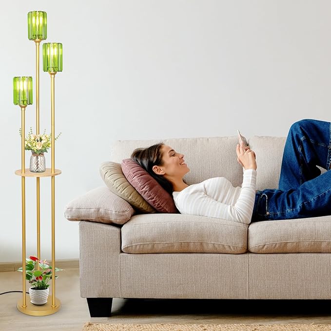 HMVPL Gold Floor Lamp for Living Room, Vintage Floor Lamp with Wood Shelf, Mid Century Standing Lamp with Table, Modern Tall Lamp with Green Crystal Shade, On/Off Switch, Boho Corner Lamp for Bedroom - Aura Lighting