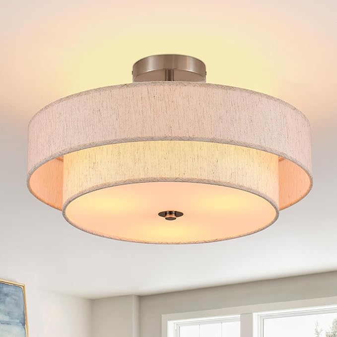 18" Semi Flush Mount Ceiling Light 3-Light Modern Linen Drum Ceiling Lighting with Chrome Finish, Vintage Ceiling Light for Living Room, Kitchen, Basement, Laundry Room, Bedroom - Aura Lighting