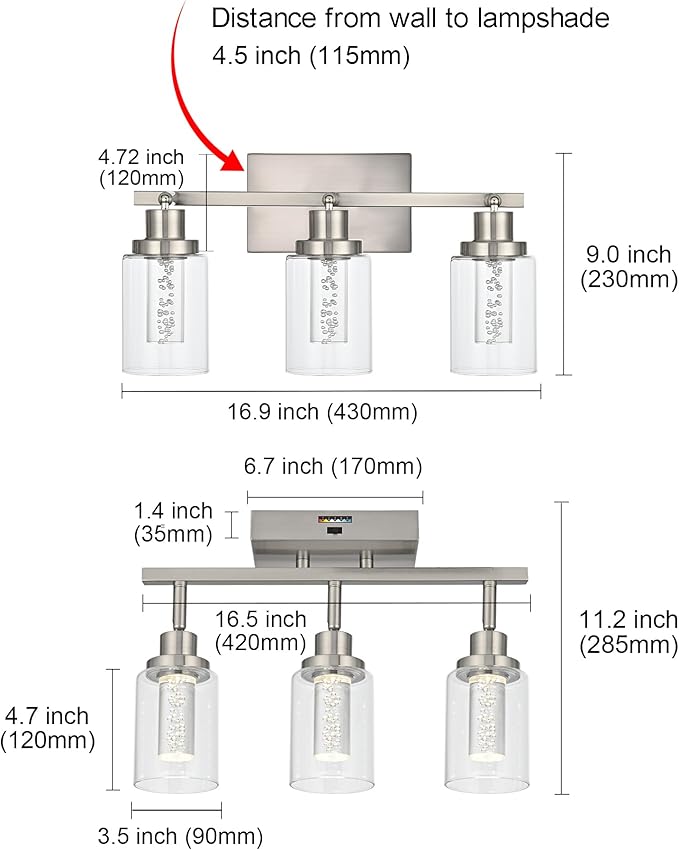 MELUCEE 3-Light LED Track Lighting Brushed Nickel Modern Ceiling Light Bathroom Wall Light with Flexibly Pivoting Heads, Built-in LED Chips, 5-Color Temperature Adjustable - Aura Lighting