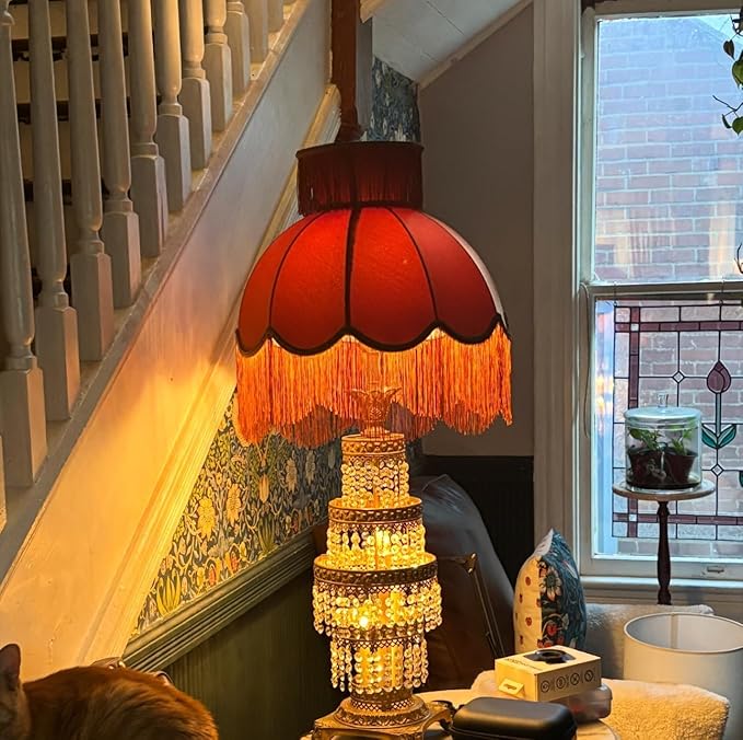 Caramel-colored velvet fringe lampshade 7.8" Top x 17.7" Bottom x 13.4" High x 15 Slant"- Large Dome with Scalloped Edge & Fringe Tassels, for Table/Floor Lamps (1, Caramel, Large)