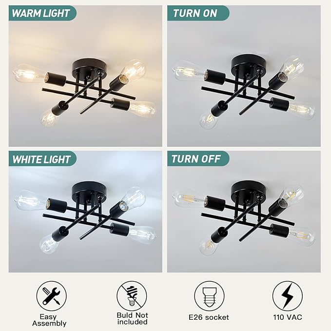 ZGLAOJT Indoor Ceiling Light with Motion Sensor 4 Light Semi Flush Mount Ceiling Light Black Matte with E26 Base Modern Chandelier for Farmhouse Kitchen Dining Room Bedroom Study Living Room.