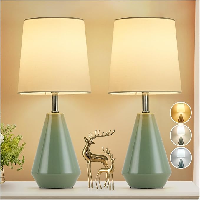 Small Bedside Table Lamp for Bedroom-Reading Desk Lamp Set of 2,with 3 Color Temperatures,15.5" Nightstand Ceramic Lamp with Fabric Shade for Kids Room,Living Room,Dorm,Home Office (Green+White )