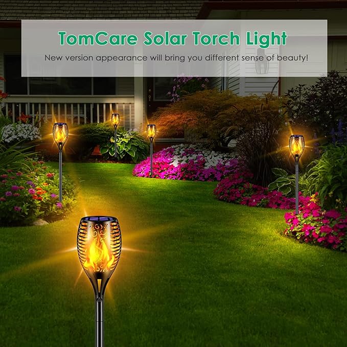 TomCare Solar Lights Outdoor 99 LED Higher & Larger Flickering Flame Solar Torch Lights 43" Decorative Waterproof Solar Powered Pathway Landscape Lighting for Garden Patio Yard, 2Pack (Black)