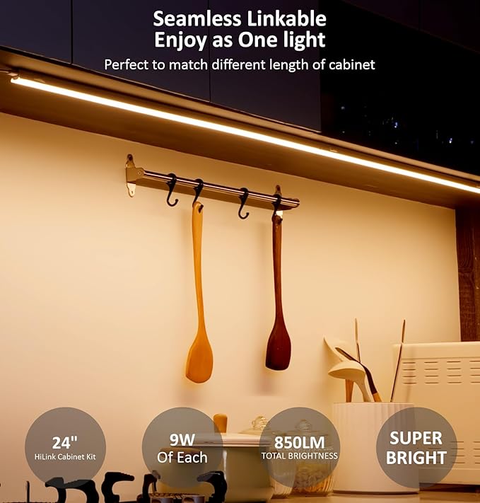 Under Cabinet Lighting Plug in, 24 Inch 1 Pc, Linkable AC120V 3CCT 3000K/4000K/5000K Ultra Slim, LED Under Cabinet Lights for Counter Light, Kitchen, Shelf, Sink, Workshop, Desk, Bronze