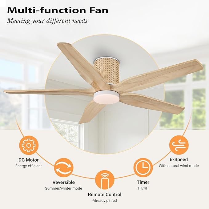 54" Ceiling Fan with Light - Low Profile Flush Mount Ceiling Fan, 6-Speed Remote Control, Solid Wood, Quiet Reversible DC Motor, Wood/White Finish, for Bedroom, Living Room, Porch - Aura Lighting