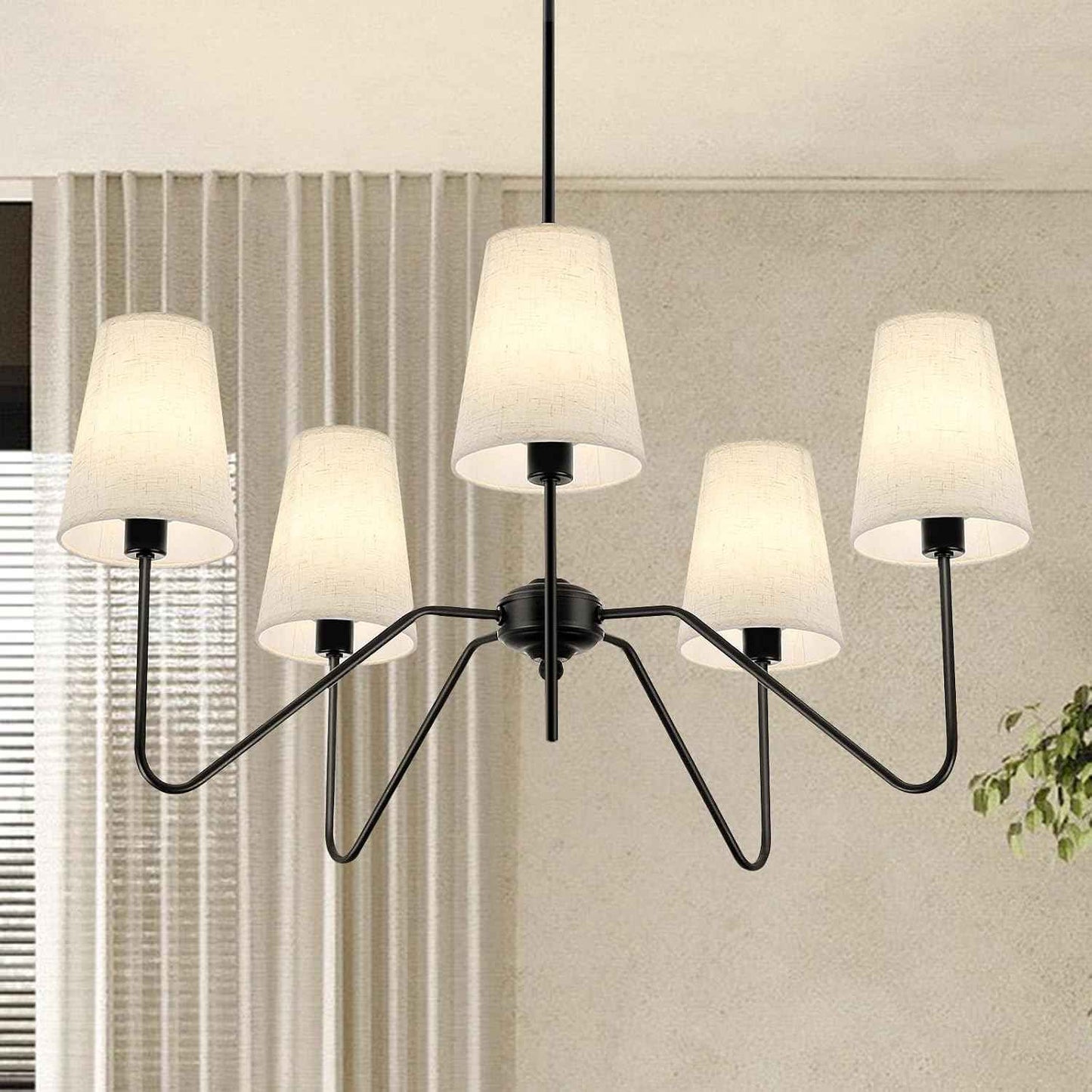 5-Light Modern Chandeliers, 30" Black Farmhouse Light Fixture | Linen Beige Fabric Shade, Adjustable Hanging Lights for Living Room, Bedroom, Hallway, Entryway, Kitchen Island, E12