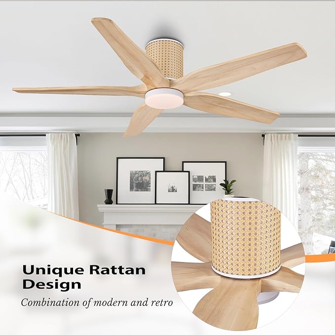 54" Ceiling Fan with Light - Low Profile Flush Mount Ceiling Fan, 6-Speed Remote Control, Solid Wood, Quiet Reversible DC Motor, Wood/White Finish, for Bedroom, Living Room, Porch - Aura Lighting