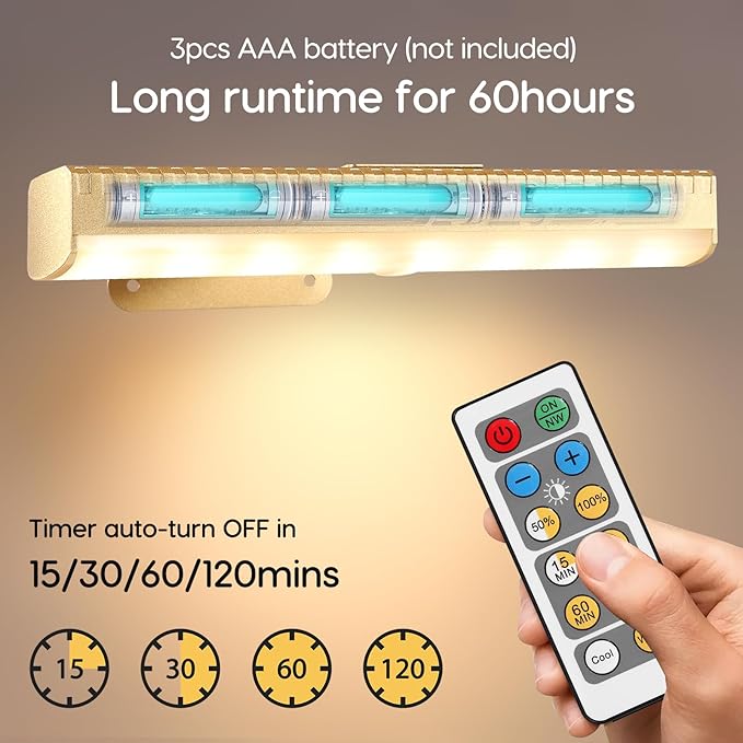 6pcs Battery Operated Picture Light with 3 Lighting Color,Painting Light for Wall with Remote,Led for Art Indoor Poster Brightness Dimmable, Timer-Off Display Accent Light for Frame Gallery-Black