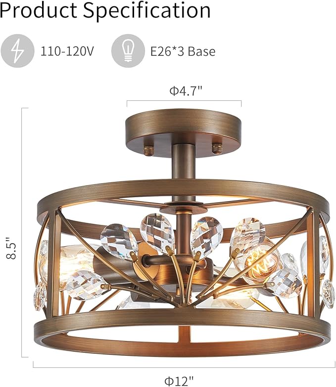 WUZUPS Crystal Leaf Chandelier 3-Light Vintage Farmhouse Industrial Semi-Flush Mount Ceiling Light Modern Lighting Fixture Foyer Hallway Storage Room Kitchen Bathroom, H 8.5" W 12", Oil Rubbed Bronze