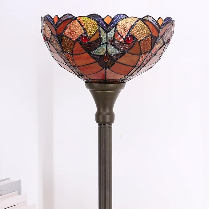 Tiffany Lamp Shade Replacement 12X6 Inch Stained Glass Lampshade Only 1-5/8-Inch Fitter Opening for Arched Floor Lamp, Torchiere Lamp, Pendant Light (Red)