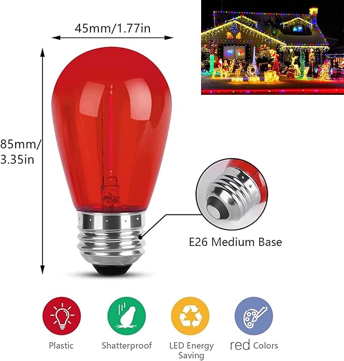 15 Pack S14 Colored LED Bulbs Green and Red Christmas LED Replacement Bulb 1W Outdoor String Light Bulb Plastic Shatterproof Edison Bulb E26 Red Decorative Light for Christmas Patio Home Decor