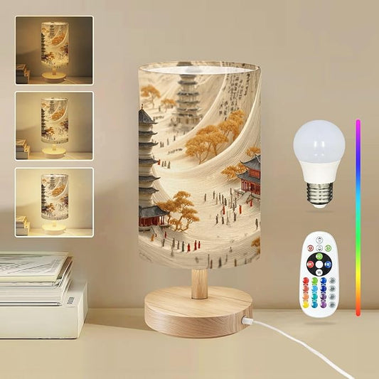 Round Table Lamp for Bedroom Traditional Chinese Pagodas Scroll Inspired Landscape Figures Beside Lamps Desk lamp with Wood Base Nightstand Lamps for Nursery Living Room Home Decor
