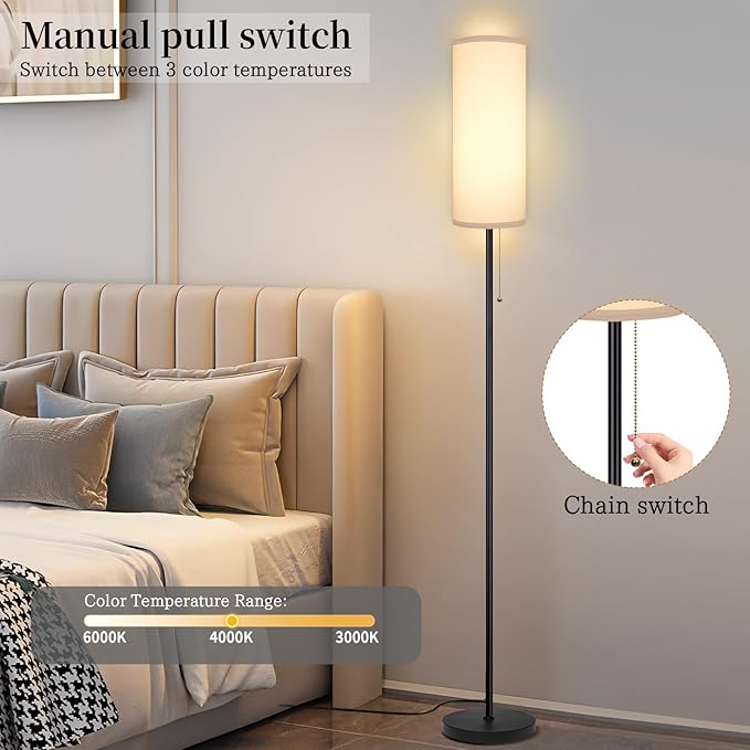 Floor Lamp for Living Room, Modern Standing Lamps with Lampshade, Minimalist Tall Lamp with Chain Switch for Living Room, Bedroom, Kids Room, Office,Standing Lamp LED Bulb Included (White Shade) - Aura Lighting