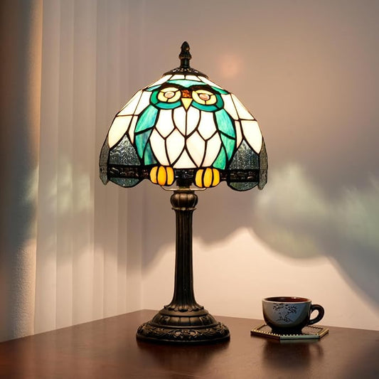 Tiffany Owl Animal Stained Glass Table Lamp Handmade Bedside Table Night Unique Cute Accent Nightstand Light Antique Art Craft Gifts Lamp for Home Office Dormitory Bar Decorate