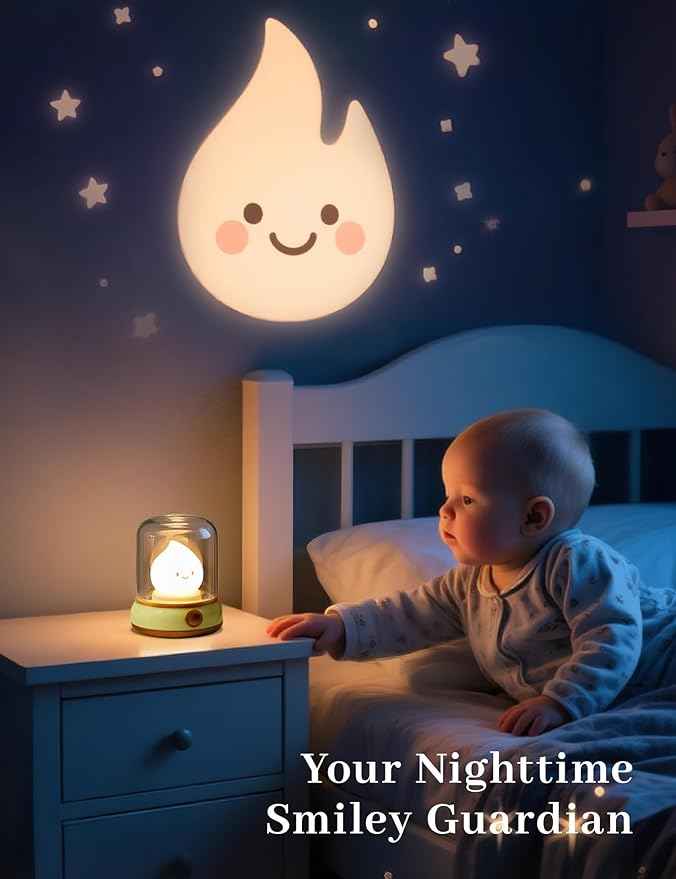 Cute Smiley Night Light with White Noise, Vintage Flickering Flame Lamp, USB Rechargeable Dimmable Sleep Timer, Cozy Lamp Sleep Aid Sound Machine for Bedroom