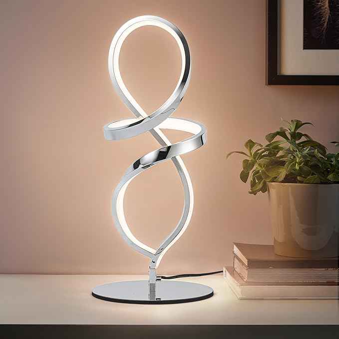 Mayful Modern Table Lamp with LED Spiral Design, Bedside Lamp with Stepless Dimming Switch, Contemporary Nightstand & Chrome Table Lamp for Bedroom, Living Room, Home Office, 12W 3200K Warm White