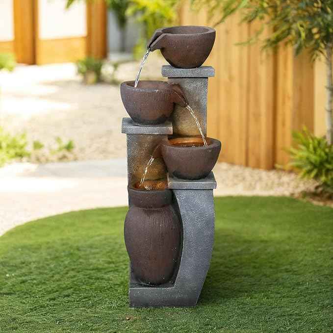 SunJet 4-Tier Outdoor Water Fountain Resin Waterfall Fountains Decor with LED Lighting Natural Polyresin Looking Stone Decor for Garden Patio Fold Court Yard Deck 11.4" L x 11.8" W x 32.8" H