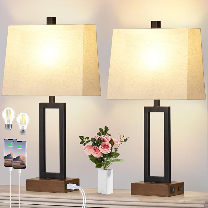 23.5" Table Lamps Set of 2, Modern Black Bedside Lamps with 2 USB Ports & AC Outlet, Contemporary Nightstand Lamps with Wood Base for Bedroom Living Room(LED Bulb Included) - Aura Lighting