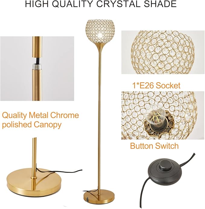 DFL Spherical Gold Crystal Floor Lamp, 8.7 inch Modern Standing Lamp with Elegant Shade , Tall Pole Accent Lighting for Living Room,Girl Bedroom, Dresser, Office, Foot Switch, LED Bulb Included - Aura Lighting