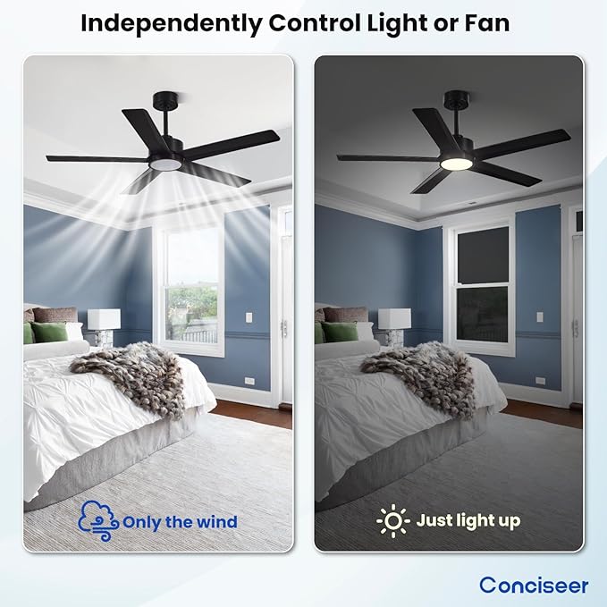 Modern Ceiling Fans with Lights,52 Inch Ceiling Fans with Remote for Bedroom Living Room Kitchen, 18W 3CCT Dimmable，5 Blades 6 Speed Reversible Quiet DC Motor Black