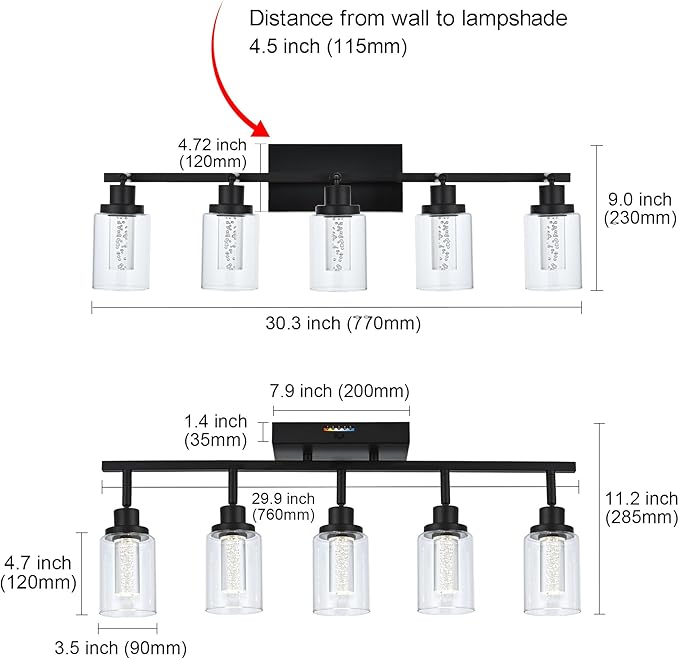 MELUCEE LED Ceiling Spotlight Kitchen Track Lighting Kits 5-Light Bathroom Vanity Light Black Wall Mounted Lamp with Flexibly Rotatable Light Heads, Built-in LED Chips, 5-Color Temperature Adjustable - Aura Lighting
