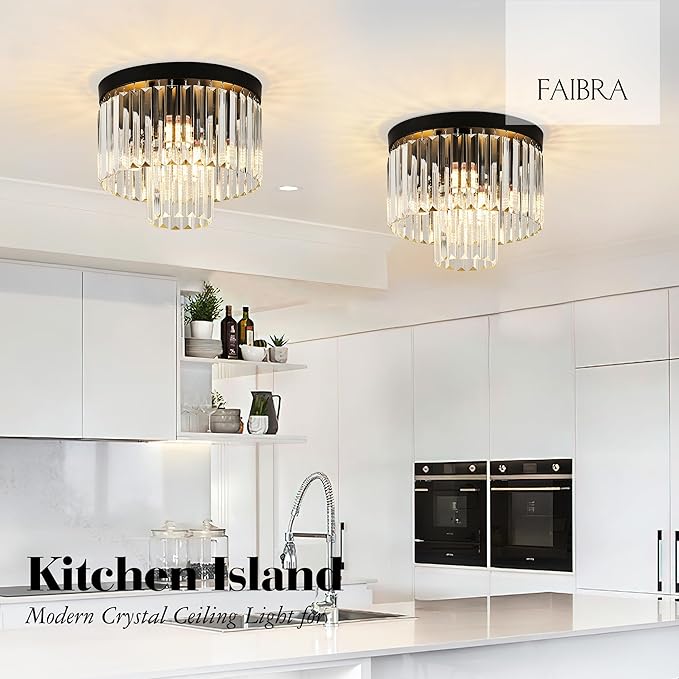 12.6" Black Crystal Ceiling Light 4-Light Modern Fixture 2-Tier Luxury K9 Crystal, for Dining Room Kitchen Island Living Room Bedroom - Aura Lighting
