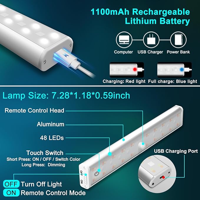 LED Under Cabinet Lighting Wireless, Dimmable LED Closet Light Rechargeable, Remote Control Kitchen Counter Lighting 15 Color Changing RGB Bar Perfect for Bedroom Indoor Pantry Shelf, 6 Pack