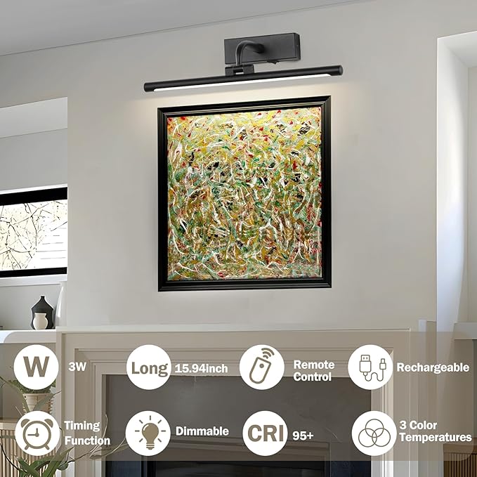 Wireless Picture Light for Wall Battery Operated Rechargeable Art Lights Dimmable Painting Lights Black Gallery Light with Remote Wall Lights for Display, Artwork, Portrait (15.94Inch)