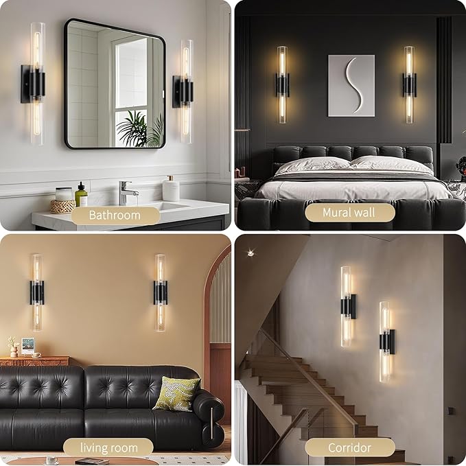 Bathroom Wall Sconces Set of Two Black , 21" Modern 2-Light Vanity Light Tube Wall Sconce, Clear Glass Indoor Hardwired Mounted Lamps for Living Room,Bedroom,Hallway-Black Clear (Bulb Not Included) - Aura Lighting