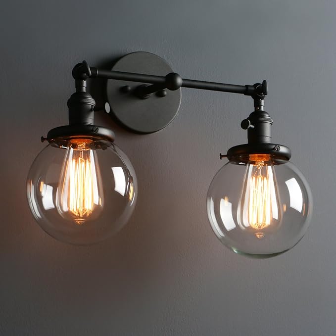 Phansthy 2 Light Industrial Glass Wall Sconce, Bathroom Wall Light with On Off Switch and Swing Arm, 5.9" Diameter Globe Lampshade Wall Lamps for Vanity Mirror Living Room Bedroom (Black)