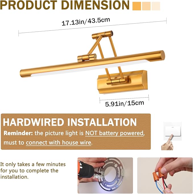 Picture Lights for Wall 17in Modern Picture Light LED Art Light for Paintings Gallery Dartboard Adjustable Swing Arm Wall Lights Display Art Light 3000K Hardwired Connection, Brass-Colored