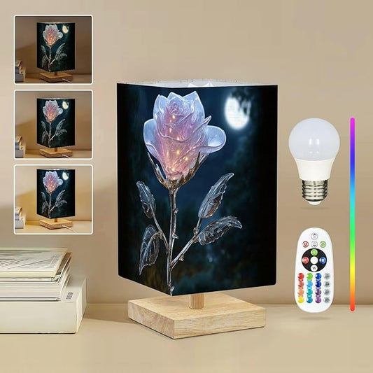 Square Table Lamp for Bedroom Glowing Transparent Rose Under Moonlight Sparkling Petals Silver Stem Beside Lamps Desk lamp with Wood Base Nightstand Lamps for Nursery Living Room Home Decor