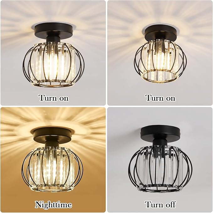 YYJLX Semi Flush Mount Ceiling Light Fixture Antique Small Crystal Chandelier Indoor Lighting for Bathroom Hallway Cafe Bar Porch Hall（Black）