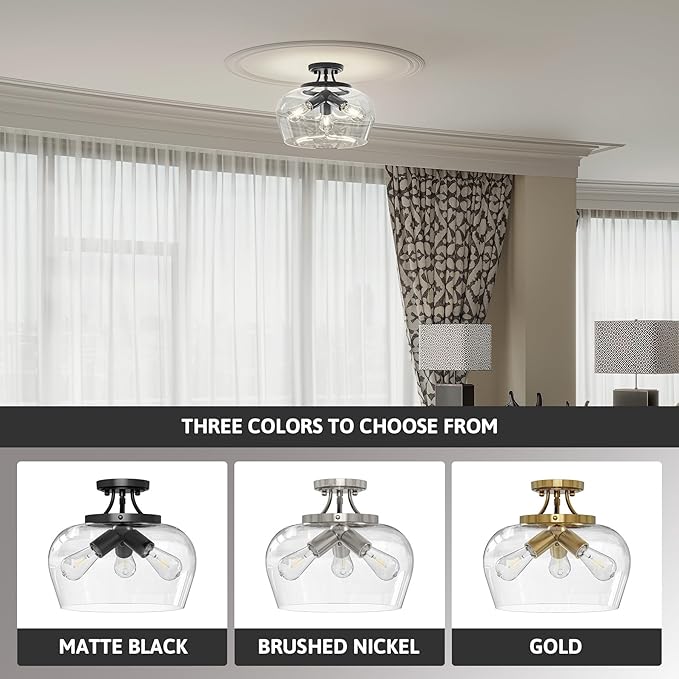 VONLUCE Semi Flush Mount Ceiling Light, 13.8" Ceiling Light Fixture with Clear Glass Shade, E26 Base, 3-Bulb Industrial Lighting Fixture for Hallway Entryway Bedroom, Matte Black, ETL Certificated - Aura Lighting