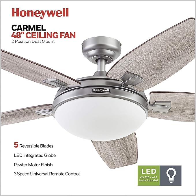 Honeywell Ceiling Fans Carmel Modern 48 Inch Ceiling Fan with Light, Remote Control Fan, LED Indoor Fan with 5 Blades, Gray Oak and Brown Chestnut Blade Finish Options, Silver (51627-01)