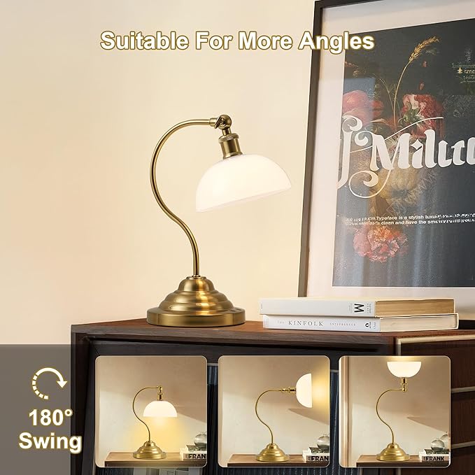 Cordless LED Table Lamp, 180° Swing Arm Desk Lamp, Battery Operated,Dimmable/3 Color, Vintage Rechargeable Table Light for Living Room,Bedroom,Bedside, White Shade, Brass - Aura Lighting