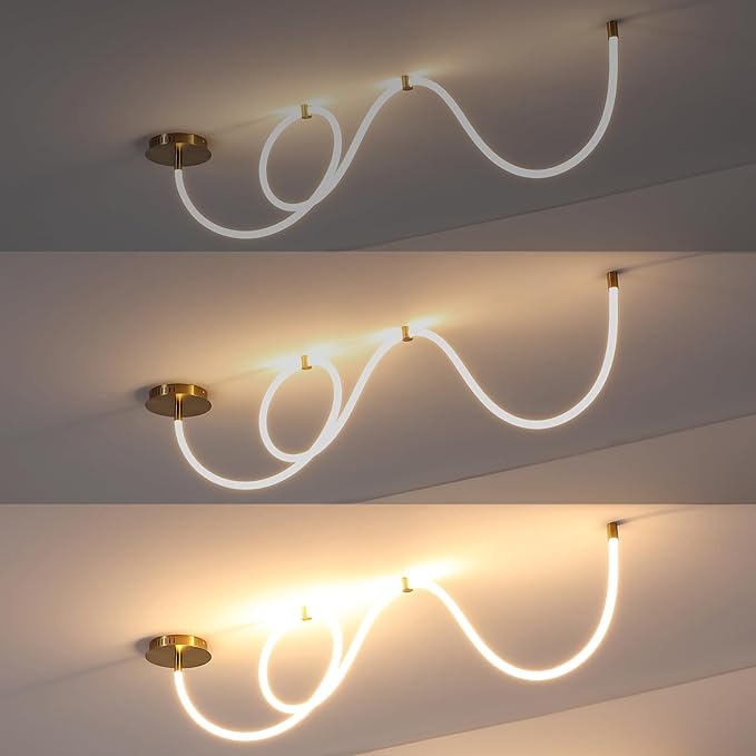 JONATHAN Y 55" Brass Gold Modern Minimalist Linear LED Flush Mount Light, 360° Adjustable Silicone Neon Rope, Dimmable Lamp for Bedroom, Living Room, Home Office JYL7141A