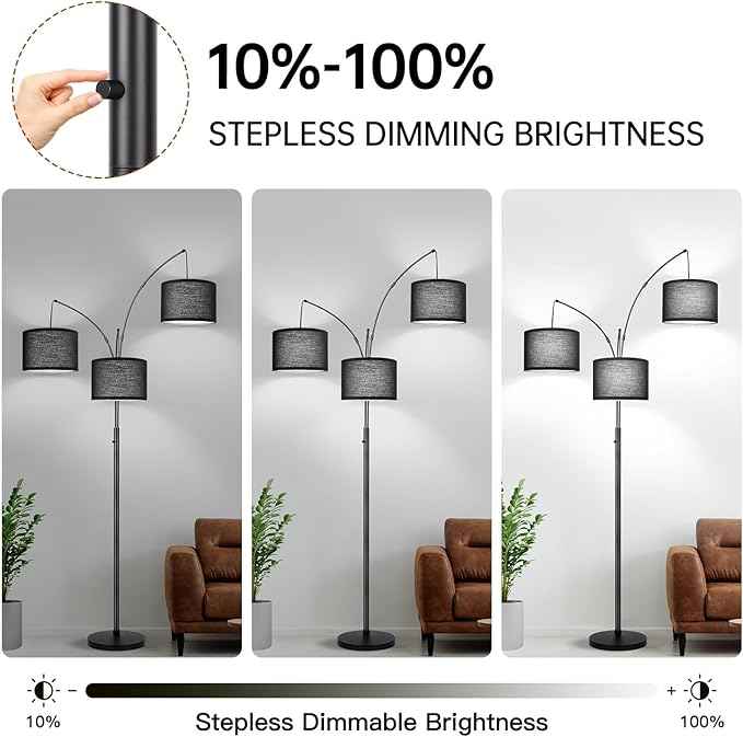 Dimmable Floor Lamp, 3 Lights Black Arc Floor Lamps for Living Room, Modern Tall Standing Tree Lamp with Black Shade & Heavy Base, Large Floor Lamp for Bedroom Office, 3x1000 LM LED Bulbs Included
