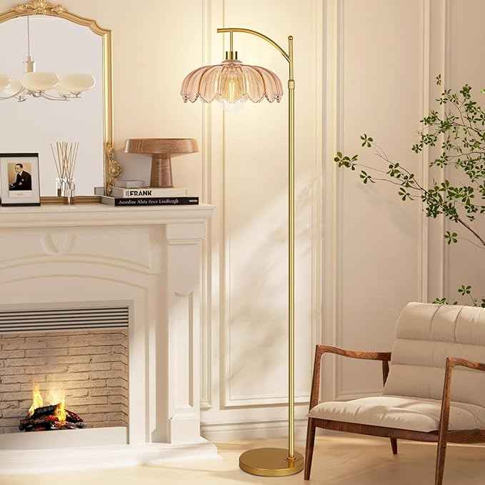 Vintage Floor Lamps for Living Room Glass Floor Lamp with Remote Control & 3 Color Temperature,Dimmable Floor Lamp Gold Mid Century Modern Standing Lamp Brass Tall Floor Lamps for Bedroom Corner