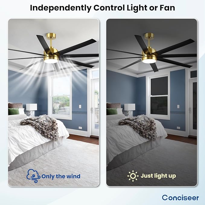 72 Inch Ceiling Fans with Lights and Remote for Living Room Kitchen Library Cafe Outdoor/Industrial Use, 3CCT Dimmable, Dual Color 8 Blades 6 Speed Reversible Quiet DC Motor, Gold/Black