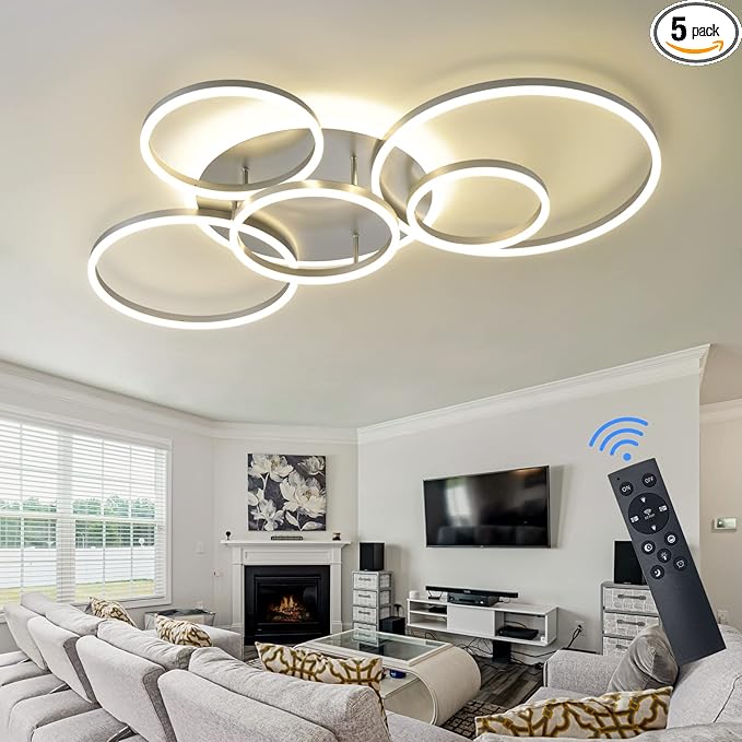 Modern LED Ceiling Light Silver Dimmable 5 Rings Flush Mount Ceiling Light Fixtures with Remote Control 106W 10000LM Ceiling Lighting for Living Room Bedroom Kitchen Dining Room 3000-6000K