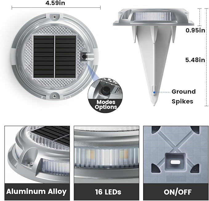 SIEDiNLAR Solar Driveway Lights Outdoor 16 LEDs 9 Modes, Dock Markers Deck Lights Waterproof Warning for Pathway Driveway Walkway Ground Step Yard Garden, RGB (1 Pack)
